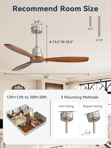 Image of Sofucor Ceiling Fan no Lights, 52 Inch Modern Wood Ceiling Fan with Remote, 3 Wooden Blades and 3 White Downrods, for Indoor Bedroom Living Room Outdoor Patio Porch, Reversible DC Motor, Brown