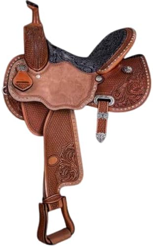 Western Barrel Racing Wooden Tree Horse Saddle Handmade Premium Leather Comfort Horse Trail Equestrian Tooled Carved Horse Saddle Riding Size: 10-18 inches Seat, MO05