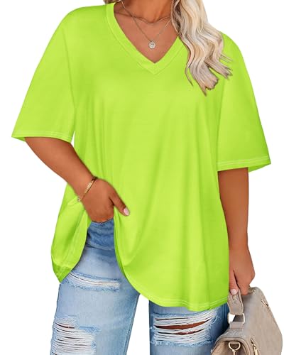 rosemia Plus Size Tops for Women Oversized Casual Tops V Neck Short Sleeves Basic Tees, Light Green, 6X-Large
