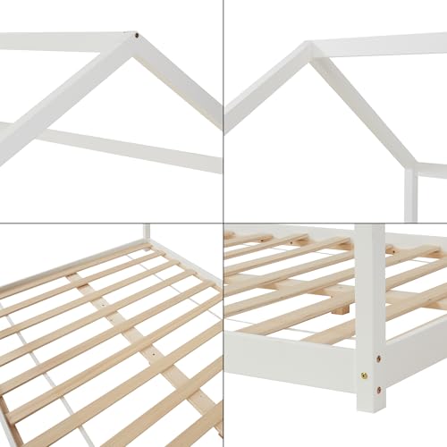 [en.casa] Children's House Bed Cerro - Youth Bed With Slatted Frame, Montessori Style, Made of Solid Pine, 140x200cm, White - Image 5