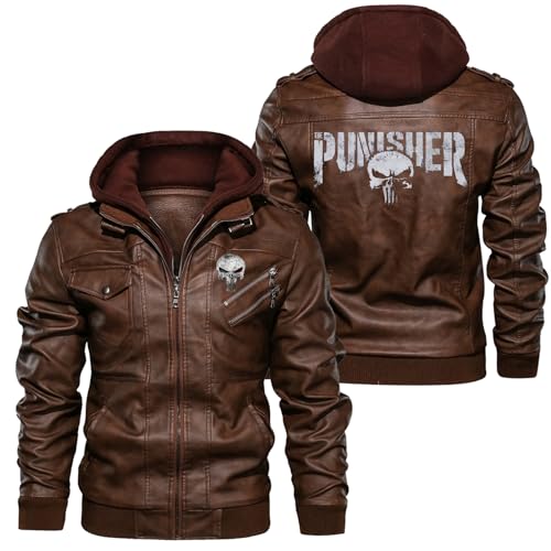 WERUN Giubbotti Invernali Uomo Pun.ish-er, Giacca di Pelle Zip con Cappuccio Rimovibile, Classics Jacket da Pilota con Stampa Autunnale-Brown||XXL