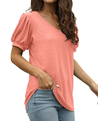 Auremore Women's Pleated Puff Sleeve V-Neck Tunic #TOP25