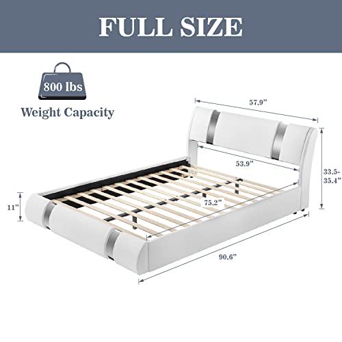 Allewie Full Size Bed Frame With Iron Piece Decor, Faux Leather Upholstered Platform Bed With Adjustable Headboard & Strong Wooden Slats, No Box Spring Needed, White #TOP1