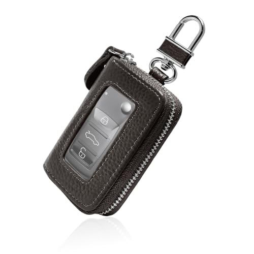 XJVSS Car Key Fob Case, Genuine Leather Remote Keychain Holder with Carabiner & Zipper Closure, Waterproof Smart Key Fob Holder Portable Keychain Bag for Cars Trucks SUVs (Coffee)