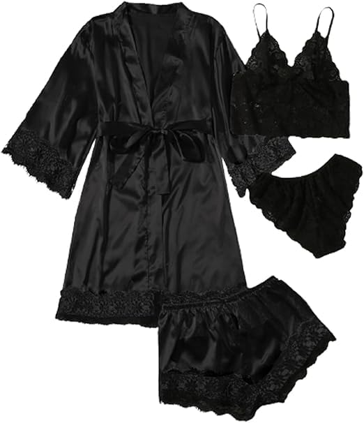 SOLY HUX Women's Satin Pajama Set 4pcs Floral Lace Trim Cami Lingerie Sleepwear with Robe Plain Black Satin Large
