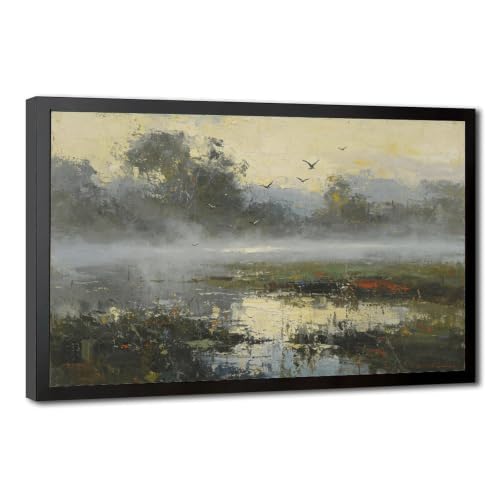 emihese Impressionist Misty Wetland Framed Canvas Wall Art, Sunrise Lake with Flying Birds Oil Painting, Ready to Hang Nature Landscape Decor for Living Room Bedroom Office