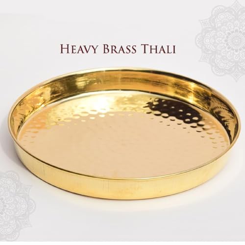 Image of Pure Source India Brass Hammered Thali /Tray, Pooja Thali, 1-Piece, Gold, Round, Pack of 1 (10 inch)
