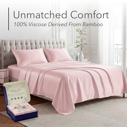 Image of DECOLURE 100% Viscose Derived from Bamboo Sheets California King Size - Luxury 4 Pc Naturally Cooling Sheets, Ultra Soft Bed Set - Deep 17 inch Pockets, Double Stitching, Oeko Tex Standard (Light Pink)