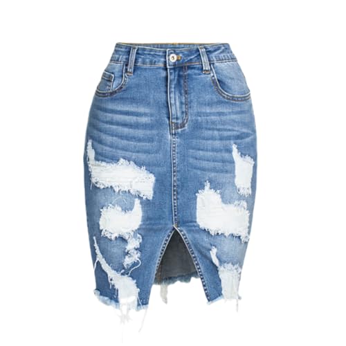 Women’s Distressed Denim Pencil Skirt High Waisted Knee Length Slit Hem Stretch Jean Skirts - Main Image