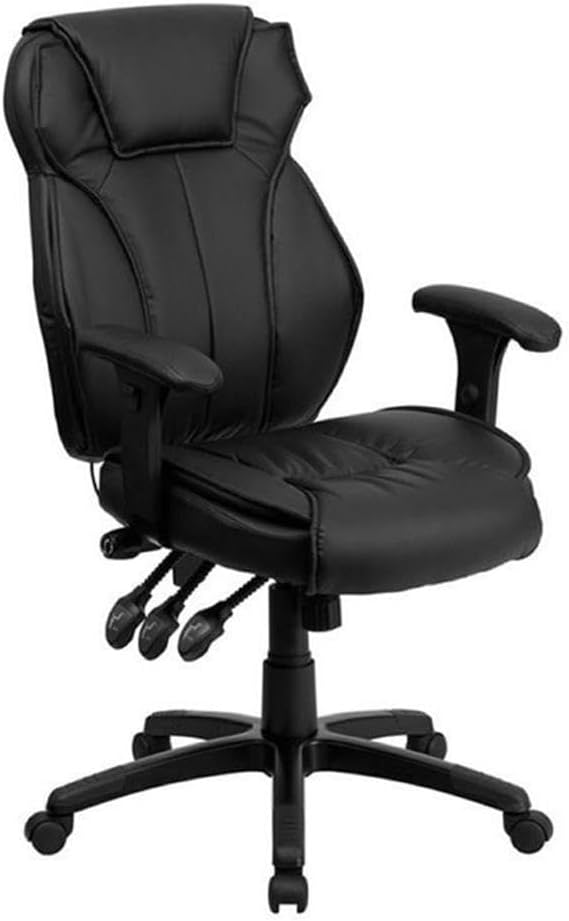 Bowery Hill High Back Leather Executive Office Chair, Black Finish, Ergonomic Adjustable Design, Triple Paddle Controls, Lumbar Support, Heavy Duty Nylon Base, Comfortable for Home Office or Workspace