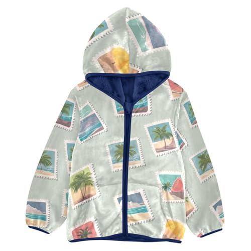 Vintage Summer Post Card Stamp Girls Fleece Jacket Girls Fall Jacket Girls Zip Up Hoodie Girls Sherpa Jacket 2-10T