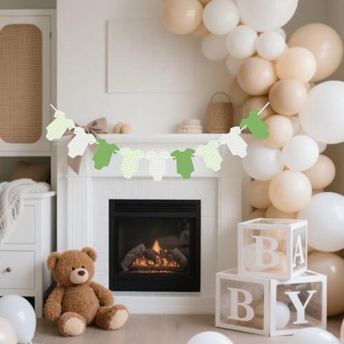 Image of ALISSAR Pre-Strung Green Gingham Bodysuit Baby Shower Banner-9 Double-Sided Onesie Cards-Sage Green Baby Shower Bunting, Baby Boy Girl Party Decoration