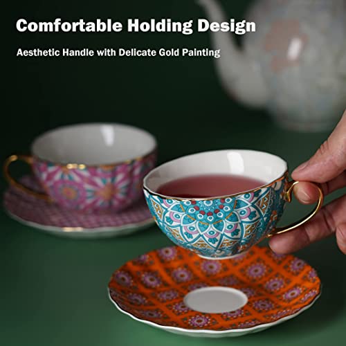 Taimei Teatime Tea Cups And Saucers Set Of 2 (6 Oz) Porcelain Tea Cup Set In Bohemia Style Bundle With Taimei Teatime Cherry Rose Herbal Tea, Organic Fruit Loose Leaf Tea Bags(20 Pics|80G) #TOP5