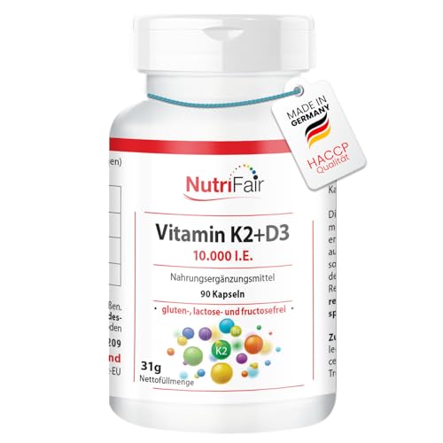 Vitamin K2 + D3 10.000 I.E. - 90 Kapseln - schluckfreundlich - Hochdosiert – Deutsche Produktion & Laborprüfung - NutriFair | Premium & Fair