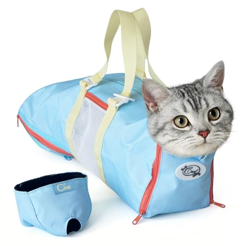 Image of Cinf Cat Nail Clipping Cleaning Grooming Restraint Bag (Free Muzzle) No Scratching Biting for Bathing Nail Trimming Injecting Examining((Sky Blue Citrus,M)
