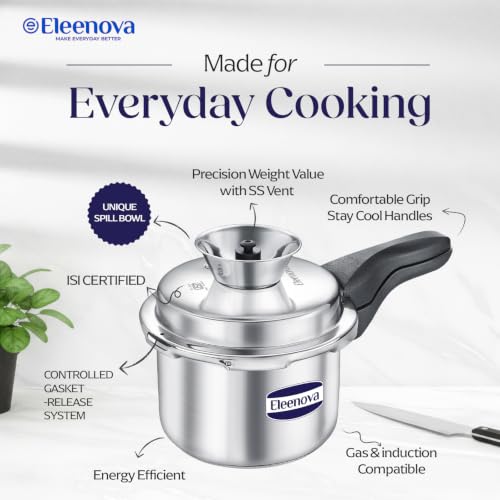 Image of Eleenova Legacy Stainless Steel Pressure Cooker 3 Litre | Anti Spill Design | Gas Stove and Induction Compatible | Outer Lid SS Pressure Cooker | ISI Certified | 5 Year Warranty