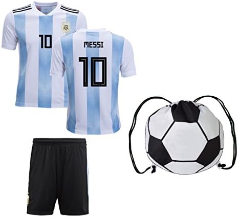 Messi #10 Argentina Home Kids Soccer Jersey Short Sleeve Kit with Free Shorts Bonus Ball Bag Youth Sizes (YM 8-10 Years, Home Short Sleeve Ball Bag) Aqua