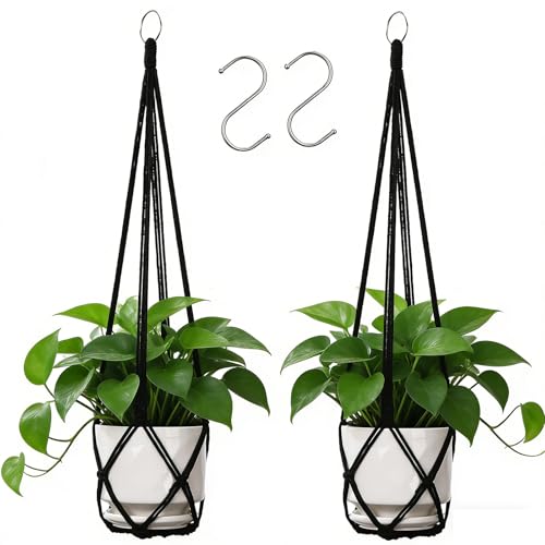YIBOT Macrame Plant Hanger Indoor 35 Inch Hanging Planter Basket Black 2Pc