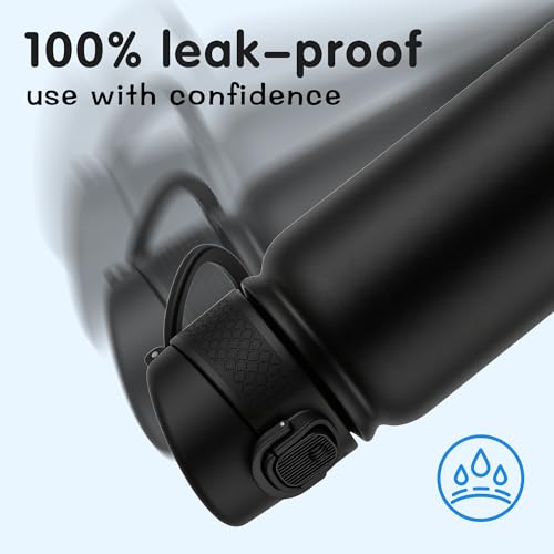 Image of GOPPUS Kids 12oz Insulated Stainless Steel Water Bottle, Leakproof Vacuum Tumbler with Carry Handle, Fits Cup Holders, Reusable Water Bottle for School Outdoor, Boys & Girls（Black）
