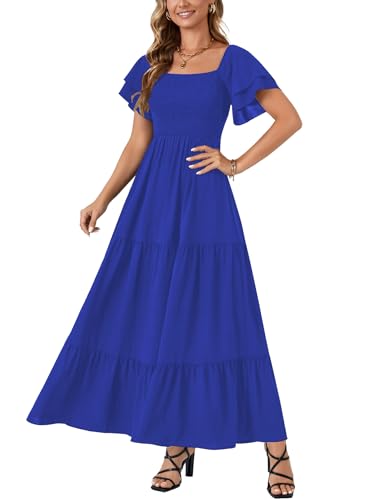 Image of LYANER Women's Square Neck Midi Dress | Summer Ruffle Short Sleeve Smocked Tiered Ruched Flowy A Line Party Casual Dresses