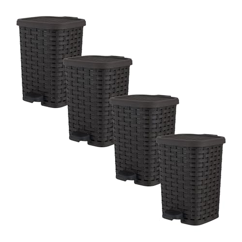 Image of Superio Mini Trash Can with Foot Pedal Small Outdoor Garbage Can with Lid, 1.5 Gallon Plastic Waste Basket for Bathroom, Bedroom, Kitchen, Office, Patio (Wicker Brown 6 QT.), 4 Pack