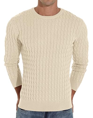 Askdeer Men's Crewneck Sweater Classic Soft Knitted Pullover Sweaters Beige2
