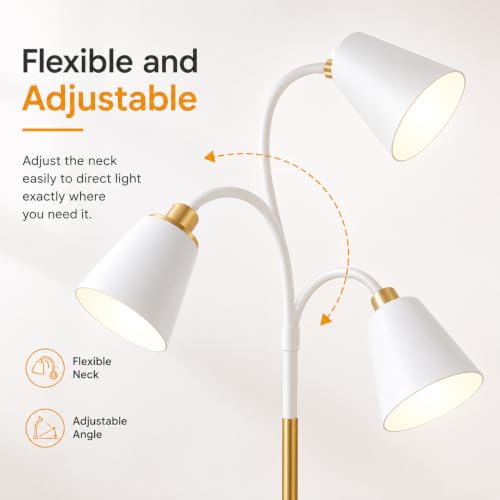 Image of XERGY 24W Modern Minimalism Floor Lamp | Adjustable Neck Design | Stable Heavy Base | E27 Bulb Socket- for Corner, Living Room, Bedroom, Study & Office - White /Gold (Height-150cm, Bulb Not Included)