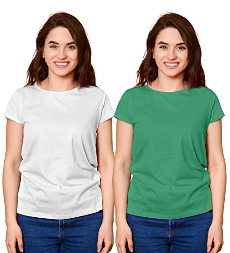 Hangout Hub HH95 Tshirt for Womens | Super Combed Cotton Women T-Shirt | Solid Plain Tees | Round Neck T Shirt | Half Sleeves | Regular Fit (White Green | Medium | Pack of 2)