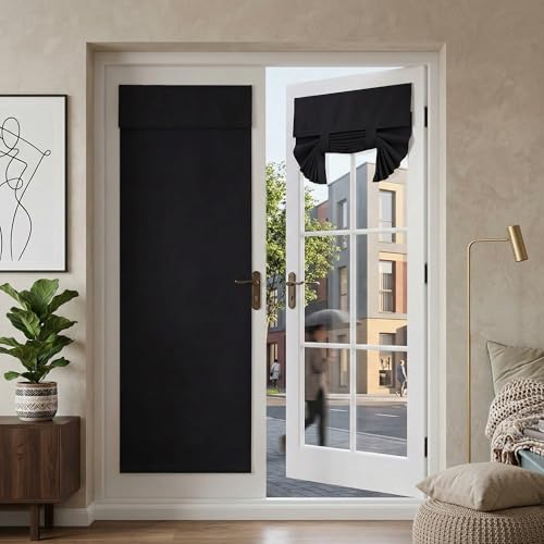 RYB HOME 2 Panels Blackout French Door Curtains Set of 2 - No Drill Thermal Insulated Privacy Door Window Blinds Room Darkening Window Curtains for Bedroom Kitchen, W26 x L69, Black