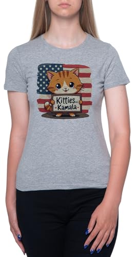 Kitties Love Kamala Camiseta De Manga Corta con Cuello Redondo Gris para Mujer