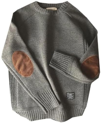 [アスペルシオ] エルボーパッチ ざっくり ニット 丸首 セーター 長袖 トップス メンズ アメカジ ストリート クルーネック ゆる ニットメンズ ケーブル編み そであり 防寒 暖かい レトロ プルオーバー ケーブルニット ロングスリーブ リブ パッチ お洒落 ファッション ミリタリー アウトドア 暖色 通勤 通学 ローゲージ ワンポイント 畦編みニット v系 メンズセーター (L) グレー