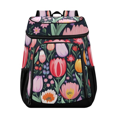 Red Tulip Flower Spring Black Cooler Backpack Cooler Insulated Leak Proof Lunch Backpack 36 Cans Waterproof Soft for Men Women Picnic Hiking Camping Beach