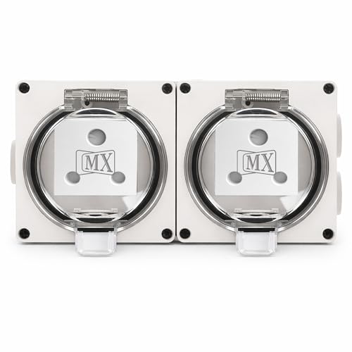 Image of MX IP66 Waterproof Outdoor Socket Box with 2 x 16A Indian Sockets, 250V Weatherproof Dustproof Electrical Wall Outlet, 4 Module Modular Power Socket with Spring Cover for Garden, Balcony, Patio