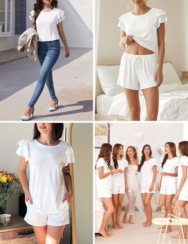 Image of Ekouaer Womens Pajama Sets 2 Piece Ruffle Sleeves Top and Shorts Pjs | Soft Sleepwear Cute Loungewear Set with Pockets for Sleep, Lounge, Wedding, Party, Bridal