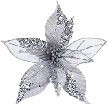 Christmas Sequins Flower Glitter Ornament, Artificial Flowers Christmas Tree Wreaths Decoration Year Decor Party GiftsSilver