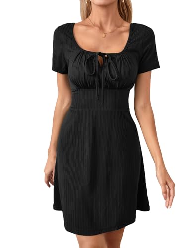GORGLITTER Damen A-Linie Kleid Elegant Sommerkleid Rüschenbüste Kurzkleid Freizeitkleid mit Eckigem Ausschnitt Schwarz M