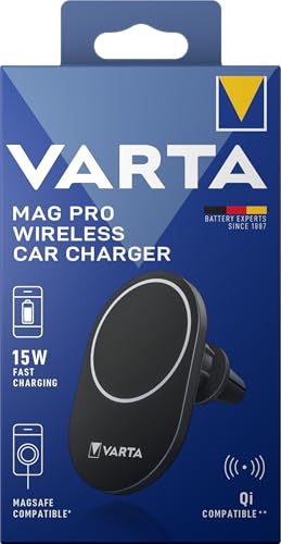 VARTA Mag Pro Wireless Car Charger & Mobile Phone Holder, 15 W, Magnetic Smartphone Holder with Charging Function, MagSafe Compatible, Qi Compatible, Car Mount with USB Type-C Cable, Black