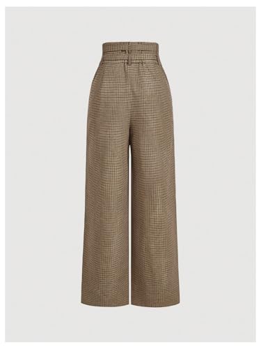 MakeMeChic Women's Plaid Business Pants High Waist Wide Leg Office Work Trousers with Belted2