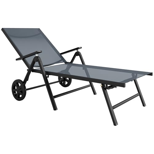 Outsunny Tumbona plegable con respaldo ajustable en 5 niveles y ruedas, tumbona de jardín con asiento transpirable de tela, 550 g/m², para piscina, playa y jardín, 72 x 158 x 84 cm, gris