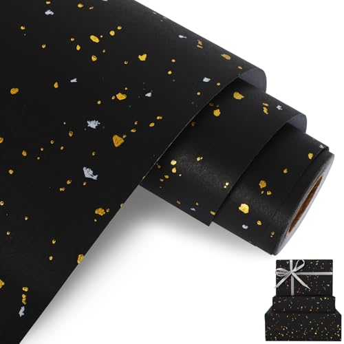 Aimyoo Black Wrapping Paper Roll - Mini Roll - 17 Inch x 32.8 Feet - Black with Gold Flakes Foil Design for Christmas Wedding Birthday Holiday Celebrations