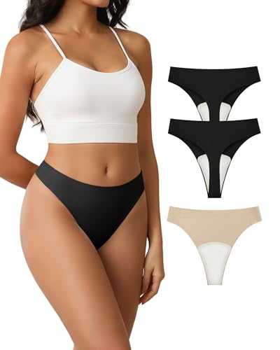 Culibit Camel Proof Unterwäsche für Damen, nahtlose Tangas mit Camel Concealer Toe No Show Yoga Bikini Workout Höschen, Schwarz + Schwarz + Beige Tangas, M