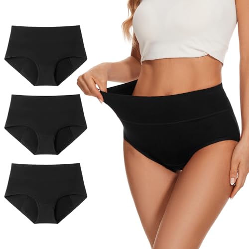ALLBASE Womens Leakproof Period Underwear Heavy Flow Washable Postpartum Protection Panties High Absorbency Cotton High Waist Menstrual Briefs Black (3 Pack Regular & Plus Size)