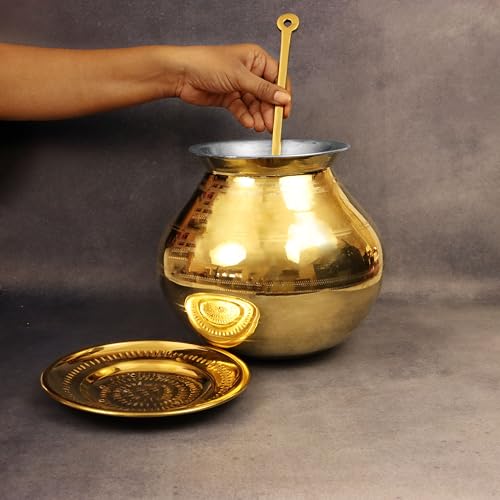 Image of Putrika Traditional Handcrafted Brass Utensil Pongal Pot Set|Pongal Paanai|Cookware|Urli|Heavy Weight with Lid and Ladle|Sankranthi Festival|Inner TIN Coating[Net Weight: 1.16kg](7 inch Set)