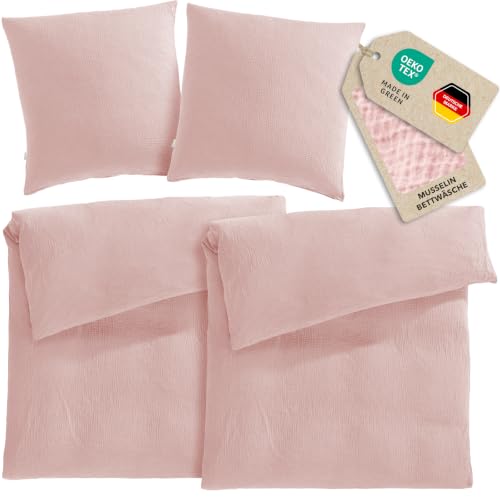 Pure Label Musselin Bettwäsche 4tlg 2x135x200+2x80x80 - Rosa – Ansicht 1
