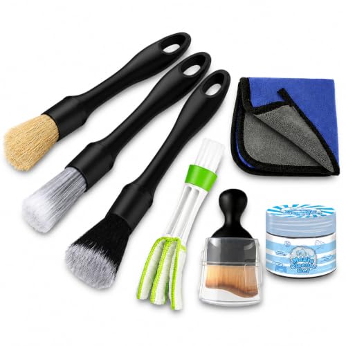 Image of Car Detailing Brush Set, Natural Cleaning Gel Included Various Hardness Options for Brushes, Complete Auto Interior and Exterior Detailing Kit for Wheels, Air Vents