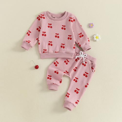 Kaipiclos Baby Girl Clothes Toddler Fall Outfits Sweatshirt Pants Waffled Cherry Outfit Baby Clothes for Girls 6 12 18 24M 3T3