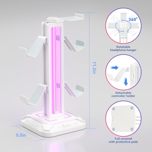 KDD Headset Halterung mit 9 Lichtmodi - Controller Halter Schreibtisch - Drehbarer Gaming Kopfhörer Ständer & Abnehmbarer Controller Haken für Gamer PC Xbox ONE PS5 Gaming Zubehör (Weiß)