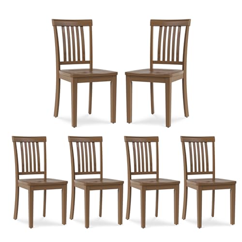 COLAMY Wooden Dining Chairs Set of 6, Solid Rubberwood Kitchen & Dining Room Chairs, Farmhouse Rustic Side Chairs for Dining Table, Anti-Slip Protection, Classic Windsor Style Seating, Oak Light Brown