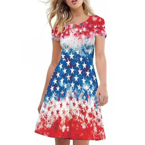 Image of HUGS IDEA Womens Puffy Swing Midi Dress Round Neck Short Sleeve Party A-Line Dresses