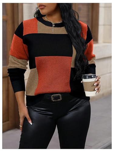 Image of RoseSeek Women's Plus Size Colorblock Crewneck Sweater Long Sleeve Drop Shoulder Pullover Knitwear Multicolor X-Large Plus